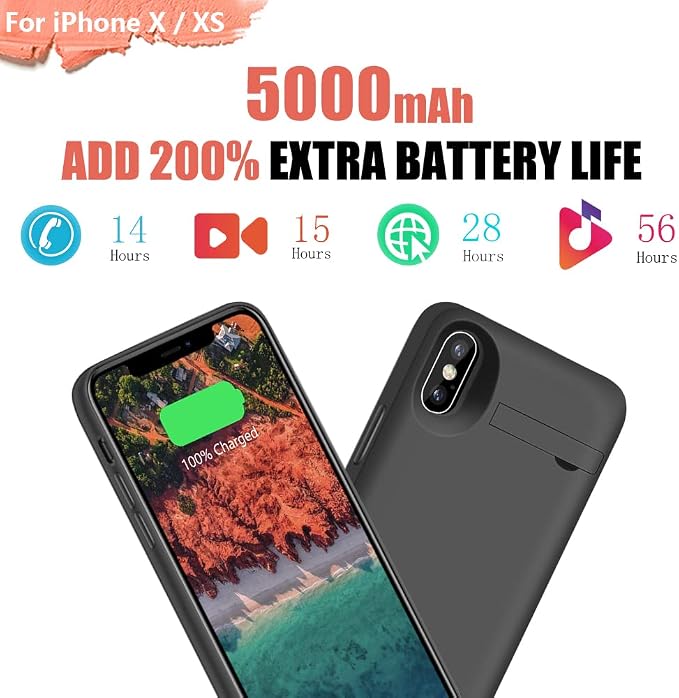 Battery Case for iPhone X/XS, 5000mAh Rechargeable Extended Battery Charging Charger Case, Adds 2X Extra Juice, Support Wired Headphones (5.8 Inches) Black