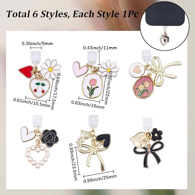 6Pcs 6 Styles Charms for Kindle Heart Bow Flower Design Dust Plug Charm Compatible with Kindle E-Reader Phone Type C Charging Ports Gifts for Book Lover Readers Men Women
