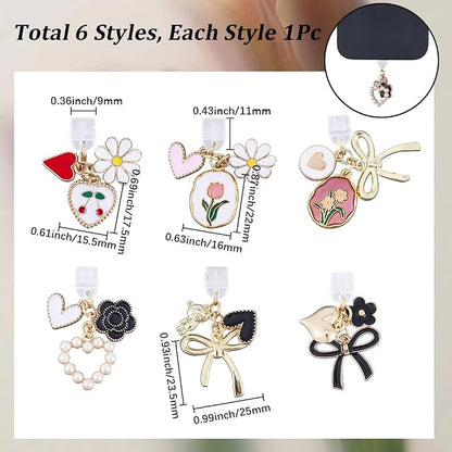 6Pcs 6 Styles Charms for Kindle Heart Bow Flower Design Dust Plug Charm Compatible with Kindle E-Reader Phone Type C Charging Ports Gifts for Book Lover Readers Men Women