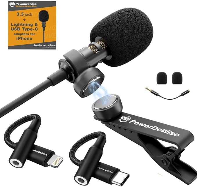PowerDeWise Professional Grade Lavalier Clip On Microphone - Lav Mic for Camera Phone iPhone GoPro Video Recording ASMR - Small Noise Cancelling 3.5mm Tiny Shirt Microphone with Easy Clip On System