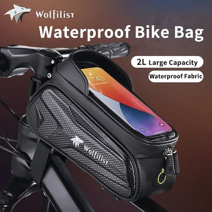 WOLFILIST Bike Bag - Waterproof Bike Frame Bag with Sun-Visor Rain Cover, Bike Phone Holder with TPU Sensitive Touch Screen, Handlebar Bag Bicycle Accessories, Large Capacity Suitable Phone Under 7"