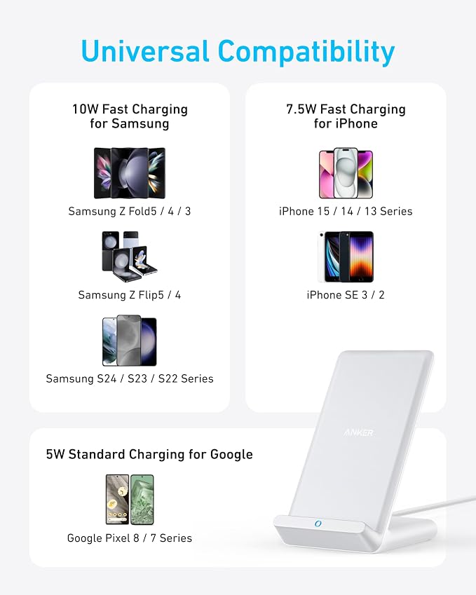 Anker 313 Wireless Charger (Stand), Qi-Certified for iPhone 17/17 Pro/17 Pro Max/16/15/14/13, 10W Fast-Charging Galaxy S23 S22 S21(No AC Adapter)