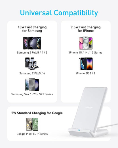 Anker 313 Wireless Charger (Stand), Qi-Certified for iPhone 17/17 Pro/17 Pro Max/16/15/14/13, 10W Fast-Charging Galaxy S23 S22 S21(No AC Adapter)