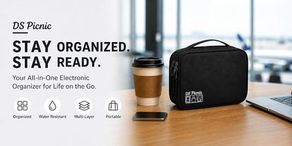 Electronic Organizer Travel Essentials Case, Waterproof Double Layer Cable Storage Pouch Bag for Charger, USB Cords, Power Bank, Phone Mouse SD Card Earphone Camera, Tablet (Up to 11 inch)