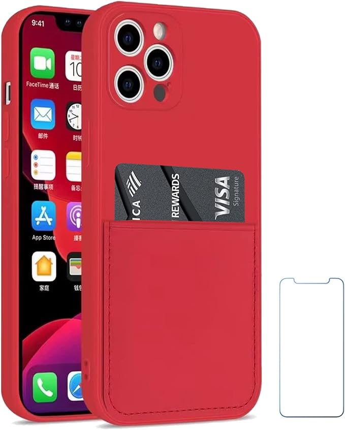 Ultra Slim Liquid Silicon Gel Case Compatible for iPhone 12 Pro Max 6.7 inch 2020 with Card Holder Sleeves Slot Anti-Scratch Shockproof Wallet Cover with Screen Protector (Red)