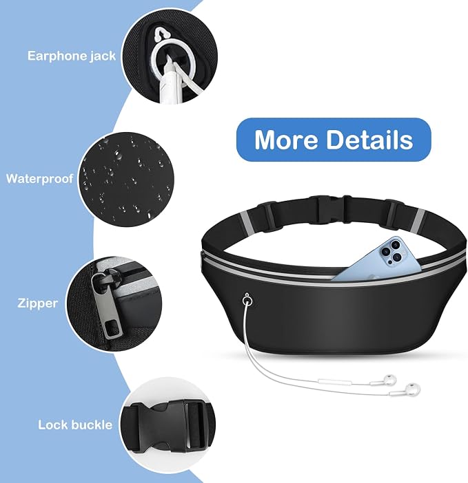 UltraSlim Fanny Packs for Women Men Slim Running Belt Waist Pack Runners Bag Waterproof Money Belt (Black)