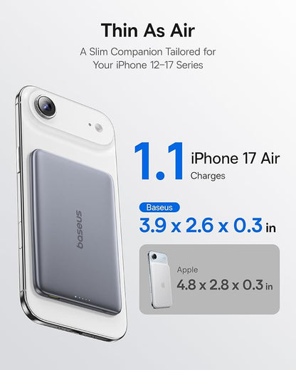 Baseus Picogo Power Bank, 0.3" Ultra Slim 5000mAh MagSafe Portable Charger, Card-Size Magnetic Battery Pack with USB-C Braided Cable, Alloy Wireless Charger for iPhone 17 Pro Max/17 Air/16/15/14/13/12