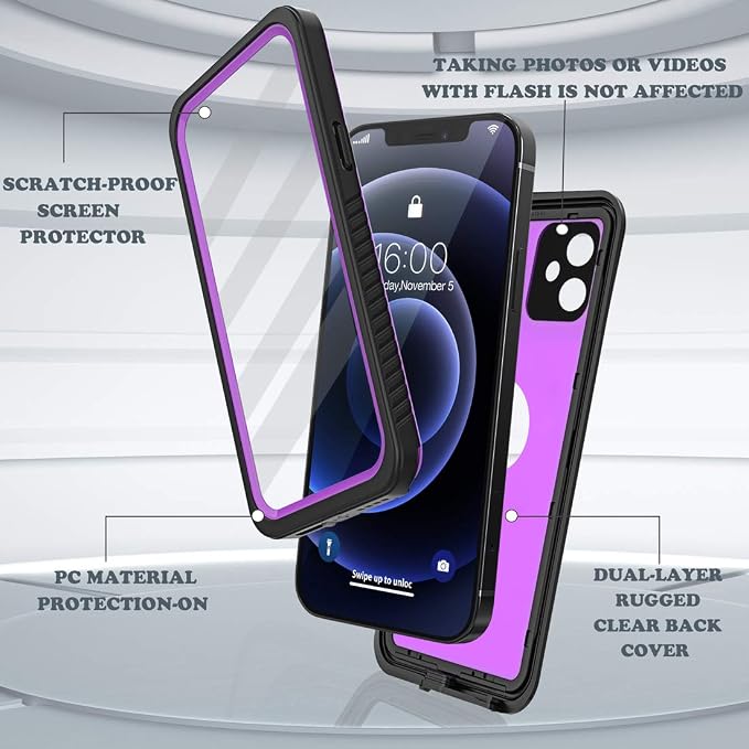 Diverbox for iPhone 12 Waterproof Case,Waterproof Shockproof Dustproof IP68 Full-Body Hard Case Built-in Screen Protector Underwater Outdoor Waterproof Cover for iPhone 12,6.1 in (Purple)