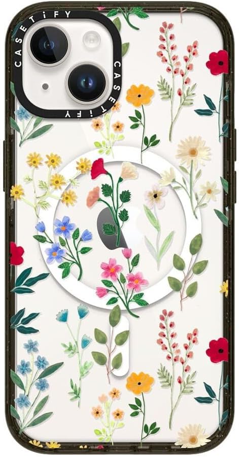 CASETiFY Impact iPhone 14 Case [4X Military Grade Drop Tested / 8.2ft Drop Protection/Compatible with Magsafe] - Spring Botanicals 2 - Glossy Black