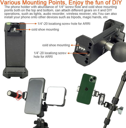 Aluminum 1"(25mm) Ball Mount Phone Holder Compatible with RAM mounts B size1 Inch Ball Double Socket Arm, Dual Protection Motorcycle Bike Handlebar Car Phone Holder with 1 Inch Ball