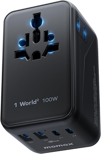 MOMAX 6-in-1 Universal Travel Adapter, GaN 100W International Power Adapter, 2 AC, 2 USB-C PD Fast Charging & 2 USB-A QC, All-in-one International Plug Adapter for Travel European UK AUS JP