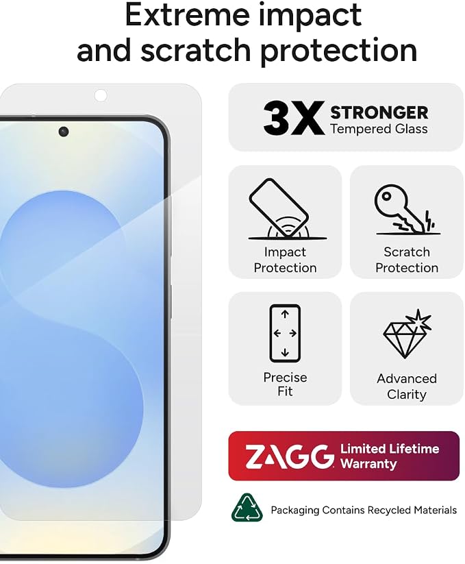 ZAGG Glass+ Samsung Galaxy S25/ S24 Screen Protector – Extreme Impact & Shatter Protection, Scratch-Resistant, Smudge-Resistant, Fingerprint Scanner Compatible, InvisibleShield, Easy Installation