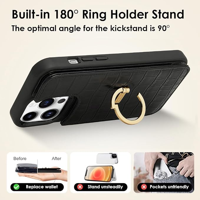 CUSTYPE for iPhone 13 Pro Max Wallet Case with Card Holder,Ring Holder Kickstand Card Slots Case,Leather Protective with Wallet for Women and Men for iPhone 13Pro Max 6.7"-Black