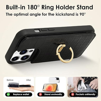 CUSTYPE for iPhone 13 Pro Max Wallet Case with Card Holder,Ring Holder Kickstand Card Slots Case,Leather Protective with Wallet for Women and Men for iPhone 13Pro Max 6.7"-Black