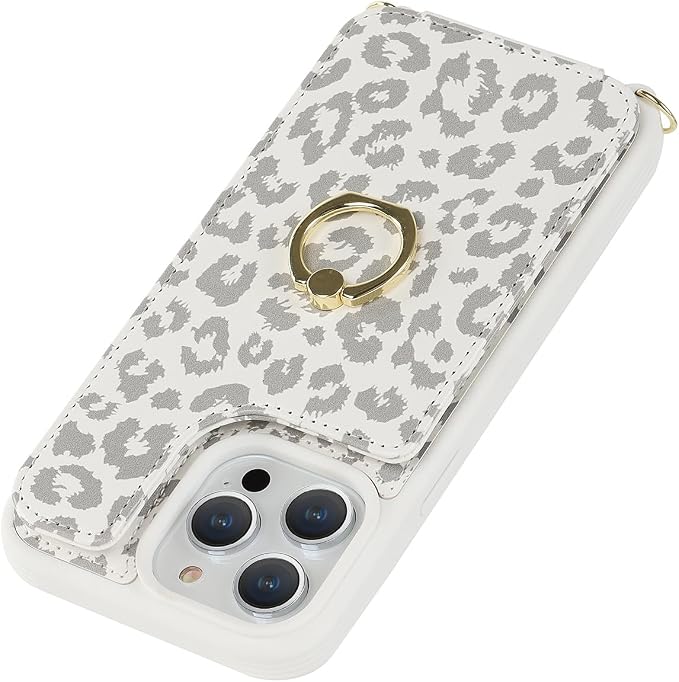 Lipvina for iPhone 12/12 Pro Case with Card Holder and Strap for Women,Crossbody Lanyard,RFID Blocking,Kickstand Ring Stand,Snap Clasp,Cute Phone Wallet Cases 6.1 inch(White Leopard)
