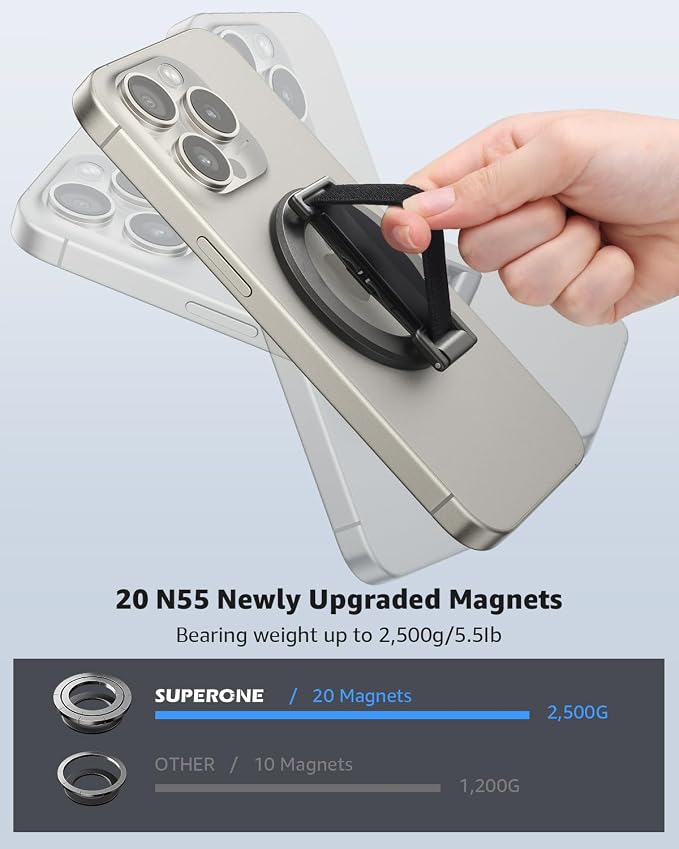 SUPERONE 2025 Upgrade for MagSafe Phone Grip with Finger Strap, Removable MagSafe Ring Holder with Kickstand Finger Loop, Mag Safe Accessories for iPhone 17/16/15/14/13/12 Series, Black