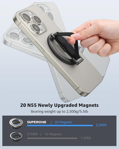 SUPERONE 2025 Upgrade for MagSafe Phone Grip with Finger Strap, Removable MagSafe Ring Holder with Kickstand Finger Loop, Mag Safe Accessories for iPhone 17/16/15/14/13/12 Series, Black