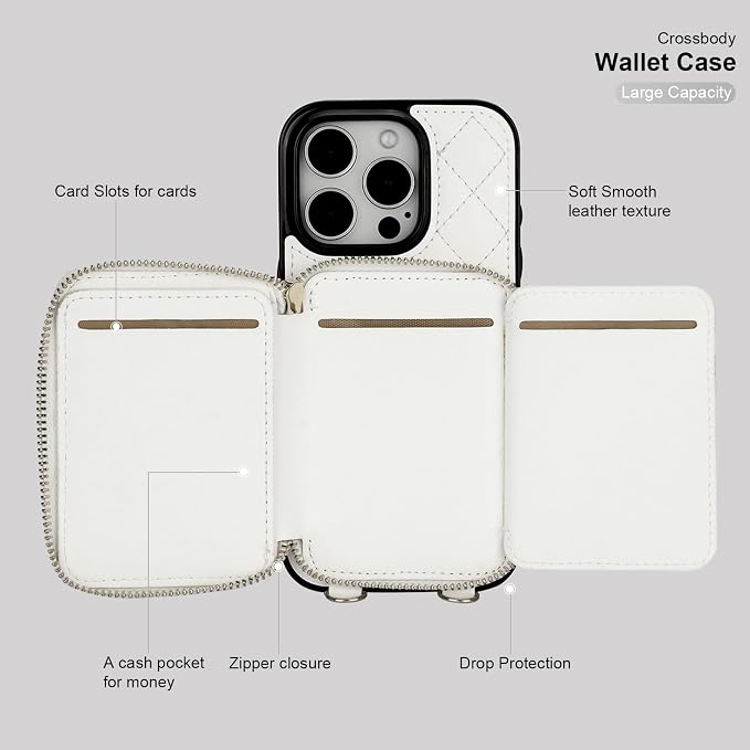 Bocasal Crossbody Wallet Case for iPhone 16 Pro, RFID Blocking PU Leather Zipper Handbag Purse Flip Cover, Kickstand Folio Case with Card Slots Holder Wrist Strap Lanyard 5G 6.3 Inch (White)