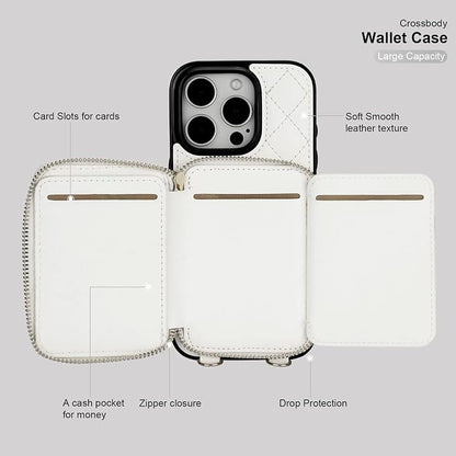 Bocasal Crossbody Wallet Case for iPhone 16 Pro, RFID Blocking PU Leather Zipper Handbag Purse Flip Cover, Kickstand Folio Case with Card Slots Holder Wrist Strap Lanyard 5G 6.3 Inch (White)