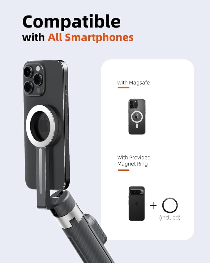 TODI 65" Magnetic Tripod for iPhone with Remote, Selfie Stick for iPhone Magsafe, Cell Phone Tripod Stand for Recording, Travel Tripod Compatible with 16/15/14/13/12 Series (Black Silver)
