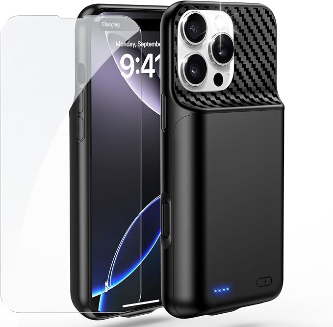 Battery Case for iPhone 16 Pro Max (6.9 inch), 2026 Upgraded High Capacity 13800mAh Battery Pack Rechargeable Charger External Charging Case with Tempered Glass Screen Protector Black