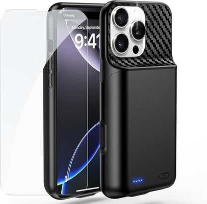 Battery Case for iPhone 16 Pro Max (6.9 inch), 2026 Upgraded High Capacity 13800mAh Battery Pack Rechargeable Charger External Charging Case with Tempered Glass Screen Protector Black