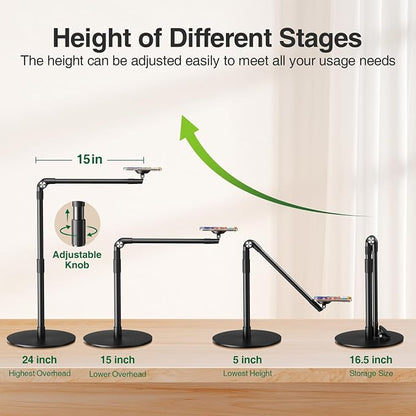 elitehood Magnetic Phone Stand for Overhead Recording, 15 in Long Arm Magsafe iPhone Holder for Video Recording, 360 Swivel Tilt Overhead Phone Mount for Filming, Meeting, Cooking, Painting, Crafting