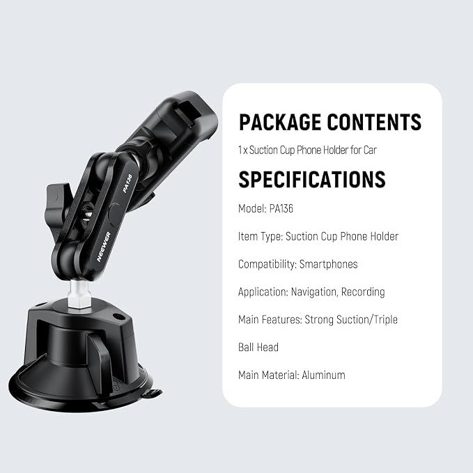 NEEWER Phone Holder for Your Car, 360° Rotating Vacuum Suction Cup Metal Cell Phone Mount Magic Arm Compatible with iPhone Samsung for UTV Windshield Skylight Glass Navigation Video Recording, PA136