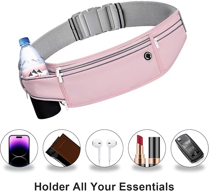 Slim Running Belt for Women Men,Runners Fanny Pack Phone Holder,Money Belt,Running Gear Accessories,with 3 Pockets (Jet Pink)