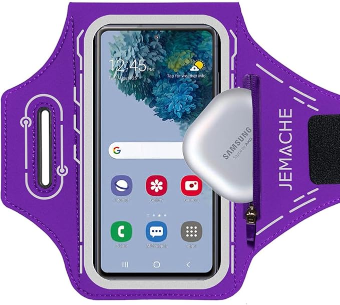 JEMACHE Armband for Samsung Galaxy S26 S25 S24 S23 S22 Ultra/Plus/FE, Gym Running Workouts Arm Band with Earbuds Holder (Purple)