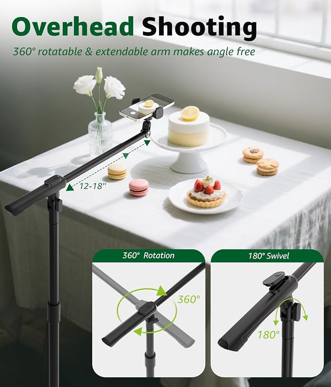Overhead Phone Mount for Video Recording, Tall Floor Stand with Bluetooth Remote, 360° Extendable Boom Arm Tripod for Live Streaming, Art, Cooking - Fits iPhone 17 16 15 14 13 Android (Not for iPad)
