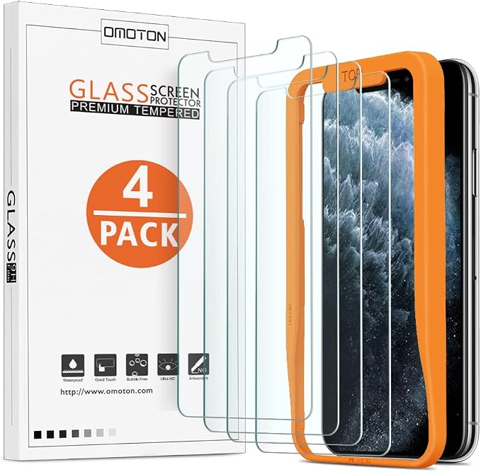 OMOTON Pack of 4 Tempered Glass Screen Protector Film for iPhone 11 Pro/X/XS [Installation Kit Provided] Anti-Scratch, Easy Installation, Bubble-Free, Transparent [5.8 Inches/5.8 Inches)