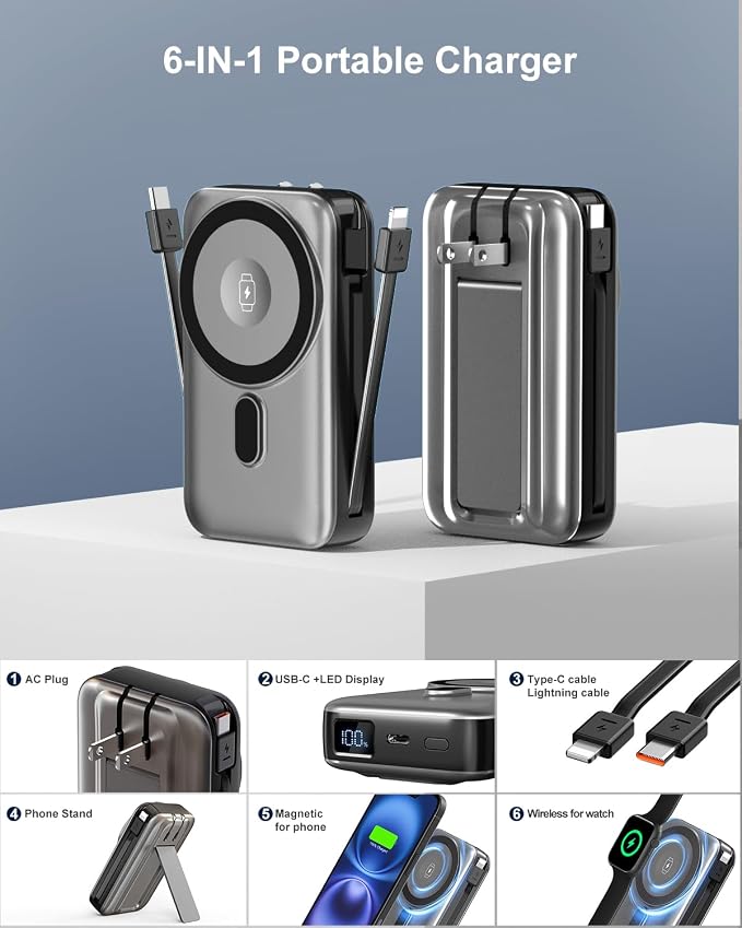 Magnetic Wireless Portable Charger for iPhone, 17000mAh 35W Wireless Power Bank with Wall Plug Built-in Cables, 6-in-1 Battery Pack with Stand, LCD Display for iPhone 16/15/14,Apple Watch