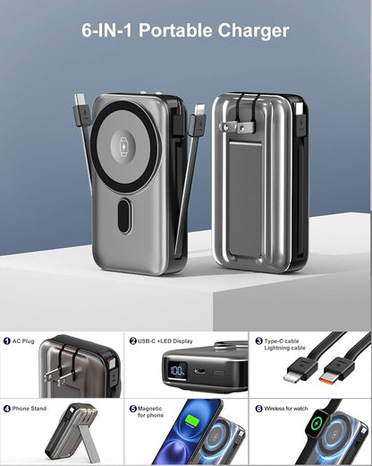 Magnetic Wireless Portable Charger for iPhone, 17000mAh 35W Wireless Power Bank with Wall Plug Built-in Cables, 6-in-1 Battery Pack with Stand, LCD Display for iPhone 16/15/14,Apple Watch