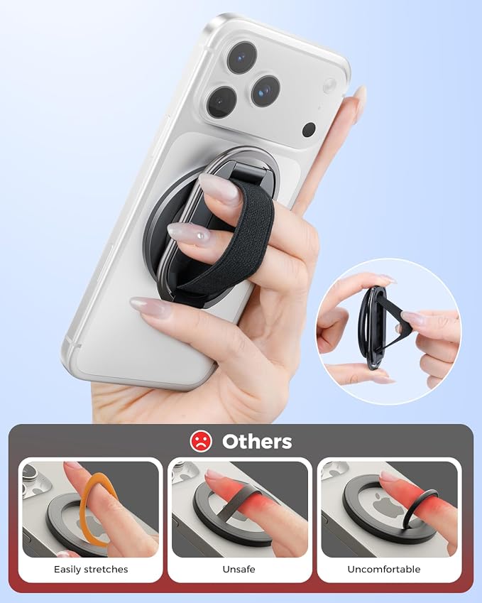 [2026 Upgraded] SUPERONE MagSafe Phone Grip for MagSafe with Finger Strap, Removable Gym Magnetic Phone Grip with Two-Sided Magnets, Mag Safe Grip Kickstand Loop for iPhone 17/16/15/14/13/12 Series