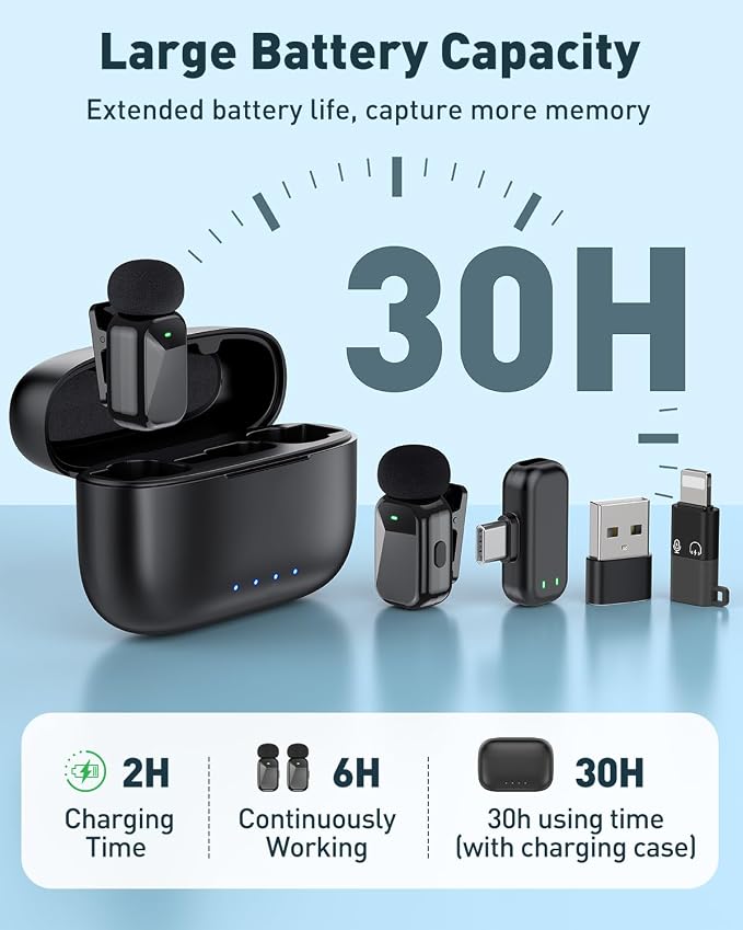 PoP voice Mini Wireless Lavalier Microphone for iPhone 15/16/17 & Android, Lapel Mic with Noise Reduction, 30H Battery Life with Charging Case, Lav Mic for iPhone Vlogging, Video Recording, Podcast
