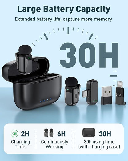PoP voice Mini Wireless Lavalier Microphone for iPhone 15/16/17 & Android, Lapel Mic with Noise Reduction, 30H Battery Life with Charging Case, Lav Mic for iPhone Vlogging, Video Recording, Podcast