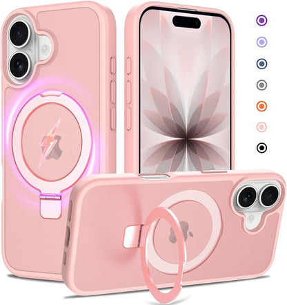 Ultra-Magnetic Stand for iPhone 17 Case [Military Drop Protection] [Compatible with MagSafe] Shockproof Translucent Matte Slim Ring Holder Case for iPhone 17 (Pink)