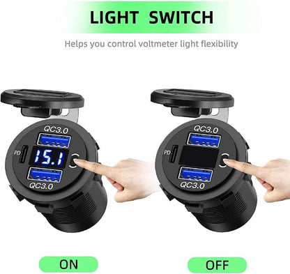 Zennova [5 Pack] 12v USB Outlet, Dual USB Quick Charge 3.0 Port and PD USB C Car Charger Socket Waterproof with Voltmeter and Power Switch for Car Golf Cart Boat Marine Bus Truck RV Marine Motorcycle