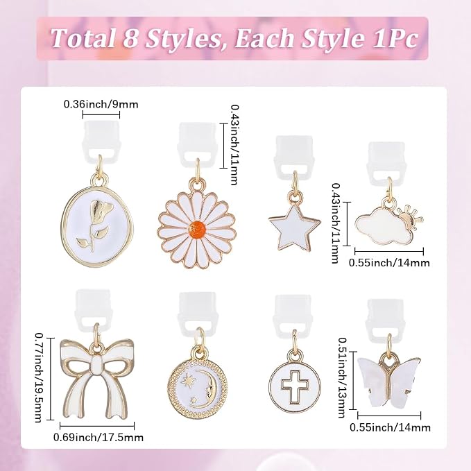 8Pcs 8 Styles Charms for Kindle White Round Star Cloud Sun Bow Flower Dust Plug Charm Compatible with Type C Charging Port Kindle E-Reader Phone Accessories for Book Lover Readers Men Women