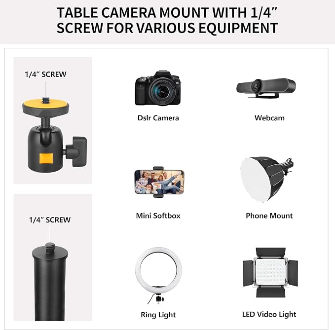 Camera Desk Mount Table Stand with Ball Head, Adjustable Light Stand with 1/4" Screw & C Clamp for DSLR Camera, Ring Light, Live Streaming, Photo Video Shooting