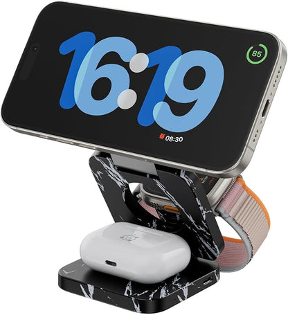 KU XIU Fast Wireless Charger, Magnetic Foldable 3 in 1 Charging Station for iPhone 17/16/15/14/13/12 Pro/Plus/Pro Max, 5W Portable Charger for Apple Watch9/8/7/6/5/4/SE, for Airpods