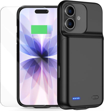 Battery Case for iPhone 17(6.3 inch), 7000mAh Ultra-Slim Protective Extended Charging Charger Case, 15W Fast Charging Rechargeable Battery Pack with Tempered Glass Screen Protector- Black