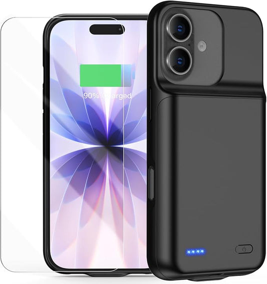 Battery Case for iPhone 17(6.3 inch), 7000mAh Ultra-Slim Protective Extended Charging Charger Case, 15W Fast Charging Rechargeable Battery Pack with Tempered Glass Screen Protector- Black