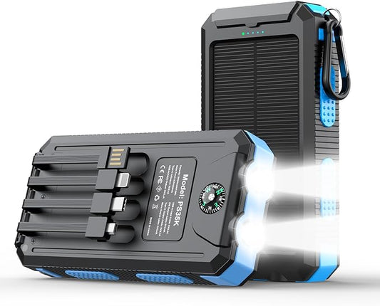 Solar Charger Power Bank 20000mAh Portable Charger with 4 Built-in Cables and USB-C in/Output, Dual Emergency Flashlights, Waterproof Outdoor Battery Pack for Camping, Hiking, Travel, and Storm Prep