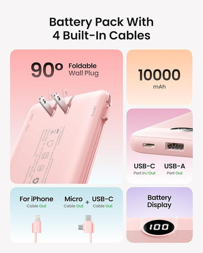 Portable Charger Built-in Cables and Wall Plug, 10000mAh Slim USB C Power Bank, LED Display External Battery Pack Compatible with iPhone/Android & More (Pink)