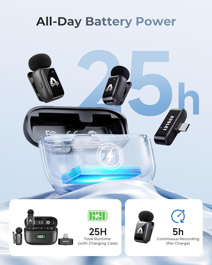 Wireless Lavalier Microphone for iPhone & Android, Mini Clip-On Lapel Mic with 25H Charging Case, AI Noise Reduction, 3 Voice Modes for Vlogging, TikTok & Live Streaming