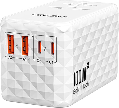 LENCENT 100W International Travel Adapter, Universal Travel Adapter | with 2 USB-A & 2 Type C Power Adapter, Fast Charging for Phone,Laptops, All-in-One Outlet Adapter for USA/UK/EU/AUS, White