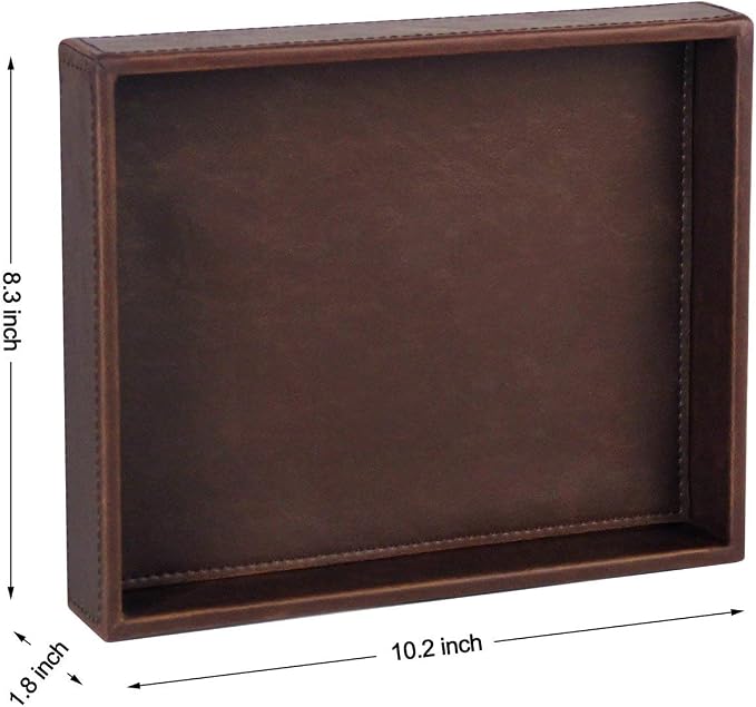 HofferRuffer Decorative Vanity Tray, Desktop Storage Organizer, Catchall Tray, Valet Tray, Nightstand or Dresser Organizer, PU Faux Leather Bathroom Tray, Brown, 10.2 x 8.4 x 1.8 inches (Pack of 2)
