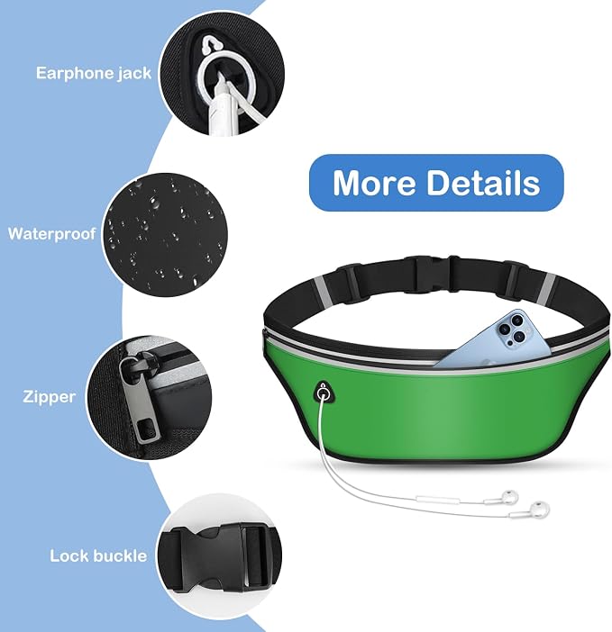 UltraSlim Fanny Packs for Women Men Slim Running Belt Waist Pack Runners Bag Waterproof Money Belt (Green)